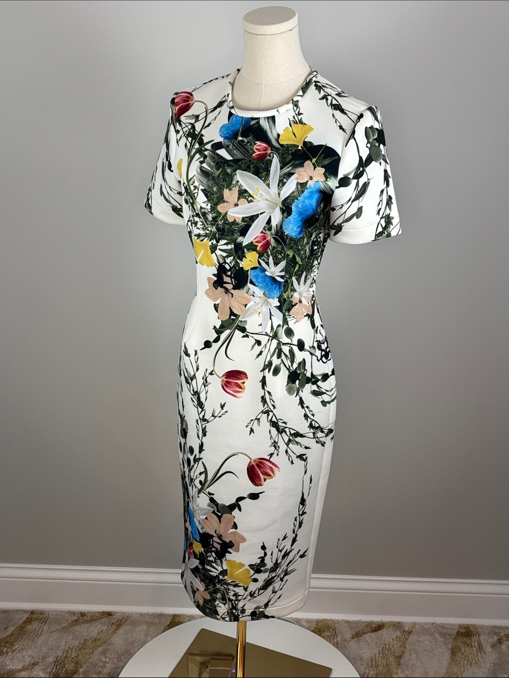 Yigal Azrouel White Floral Midi Dress with Multicolor Bloom